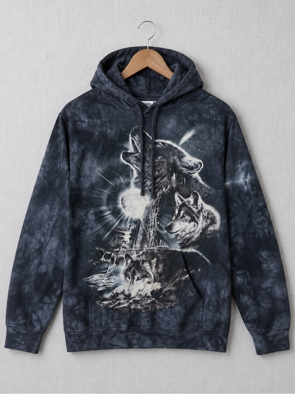 Tie-Dye Wolf Graphic Hoodie - Navy/Gray